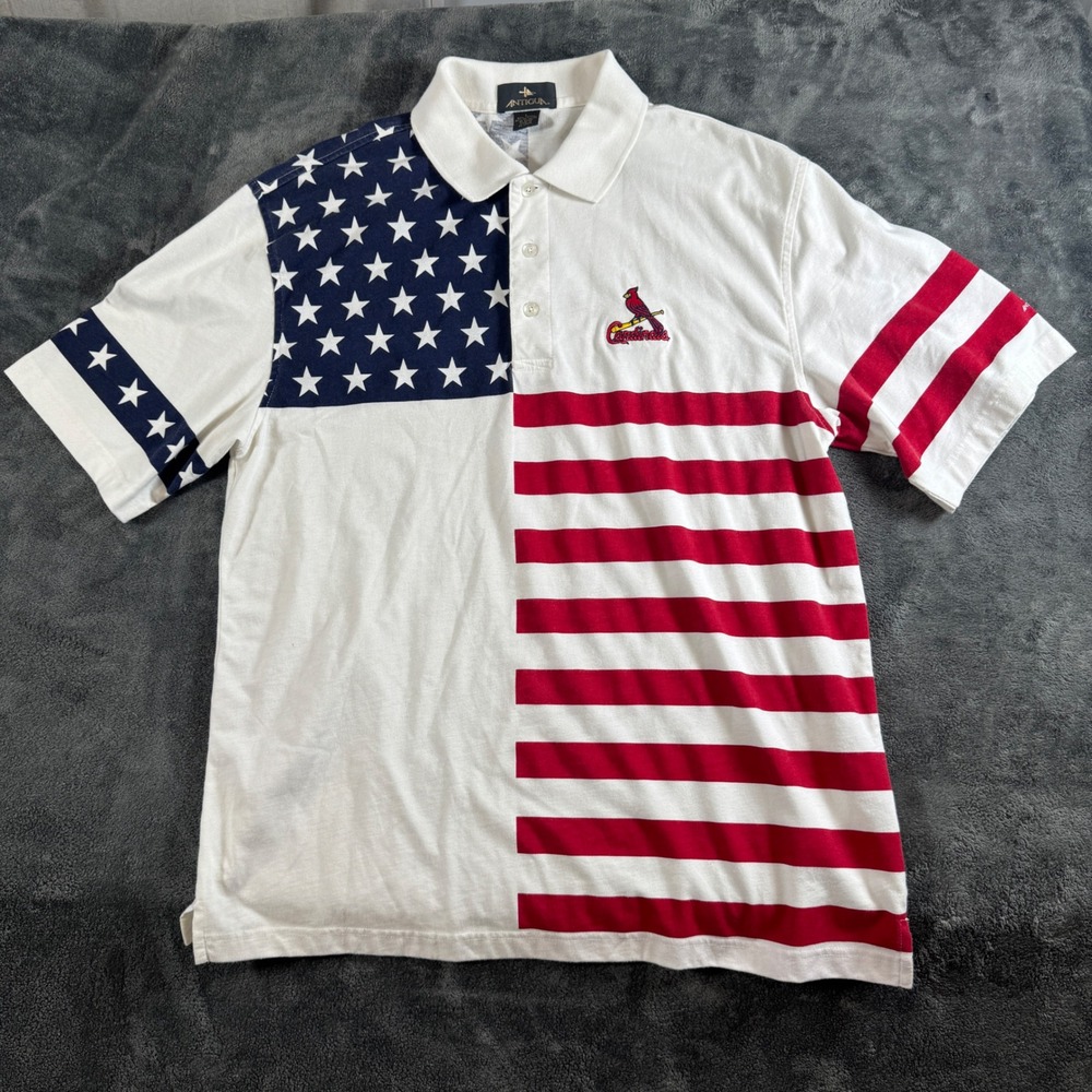 St Louis Cardinals MLB Polo Shirt Mens L USA American Flag Stars Stripes Antigua